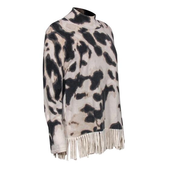Tyler Boe Mock Neck Fringed Leopard Print Cashmere Blend Sweater sz LG - Picture 3 of 3
